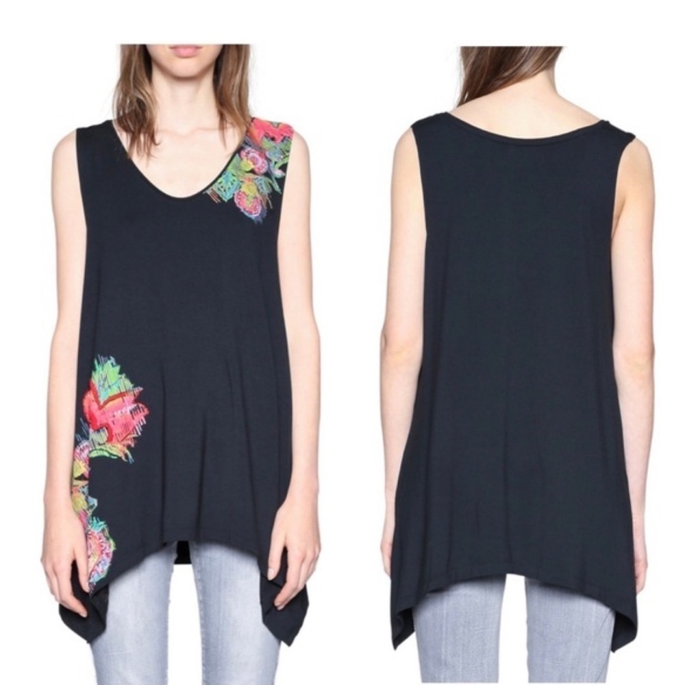 Desigual Chad Tunic Top Womens Large Floral Embroidered Boho Colorful Artsy